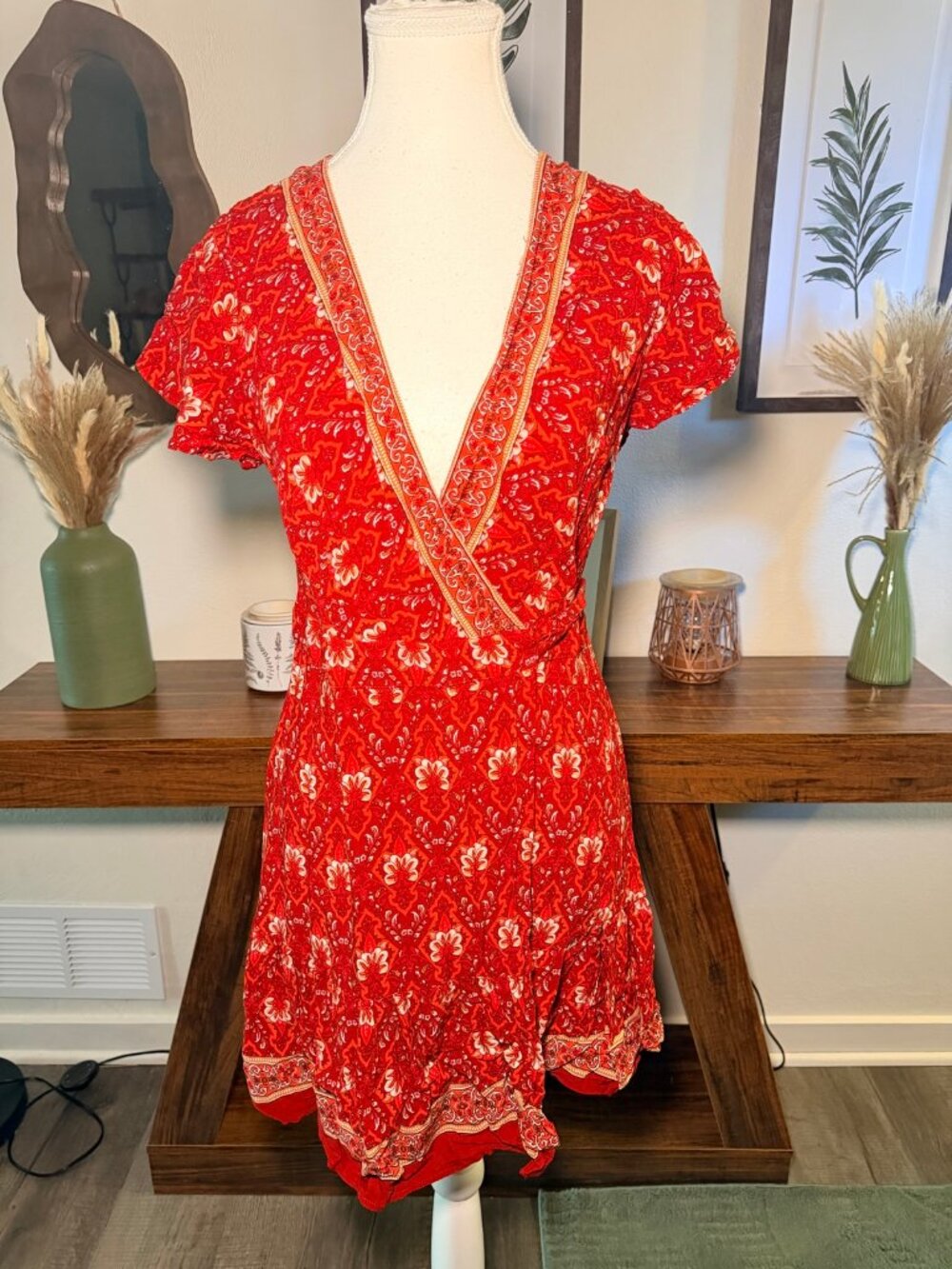 ZESICA Red Orange Boho Wrap Dress Floral Rayon Mini Summer